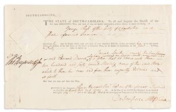 HEYWARD, THOMAS; JR. Partly-printed Document Signed, Tho Heyward Junr, ordering the Sheriffs of SC to arrest a debtor,